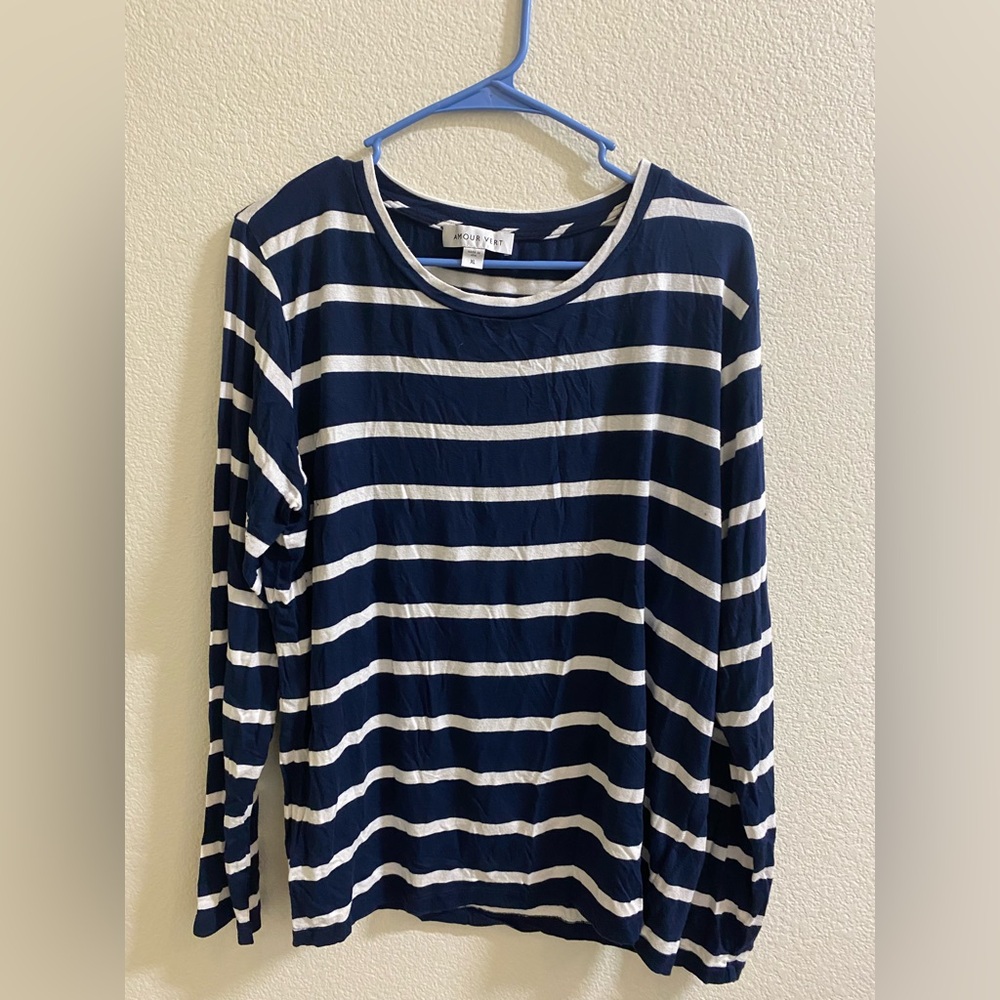 Amour Vert Navy White Striped Long Sleeve Tee‎ Top Sustainable French